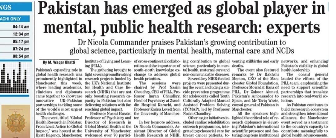 Pakistan's expanding role in global health research was highlighted at the "Global Health Research in Pakistan: From Local Action to Global Impact" event in Manchester. The event brought together top academics, clinicians, and diplomats to present groundbreaking research projects funded by the UK's National Institute for Health and Care Research (NIHR). These initiatives not only enhance research capacity in Pakistan but also offer global solutions for mental health and non-communicable diseases. Paragraph 2: Dr Nicola Commander from NIHR praised Pakistan's growing contribution to global science, especially in mental health, maternal care, and addressing early deaths. The event showcased successful projects like YCMAP, a youth mental health programme, and stressed the importance of cross-continental collaboration and knowledge exchange. Experts emphasized the need to support scientific partnerships that deliver real-world solutions, highlighting Pakistan’s rising profile in global health leadership.